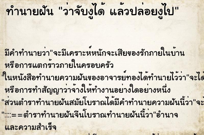 ทำนายฝัน ว่าจับงูได้ แล้วปล่อยงูไป ทำนายฝัน ว่าจับงูได้ แล้วปล่อยงูไป